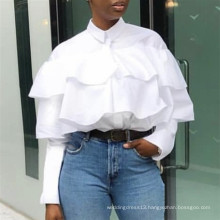 Spring Fashion Long Sleeve Turn Down Collar Two Layers Women White Blouse Ruffles